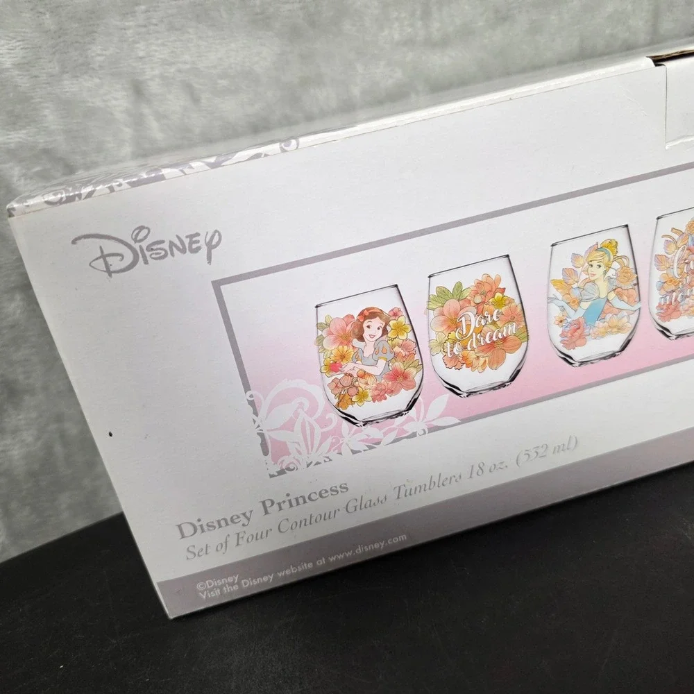 Disney Princess Contour Glass Tumblers 4pc Set 18oz NIB Kitchenware Gift Set